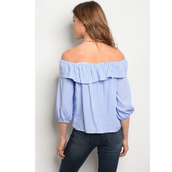 Blue Checker Bow Off Shoulder Top - Picture 2 of 8